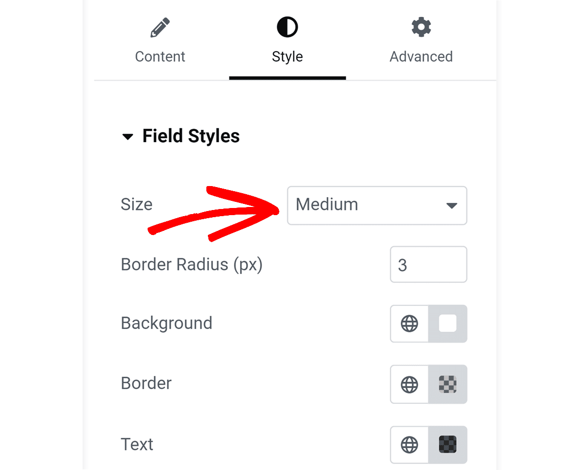 Field size in Style tab