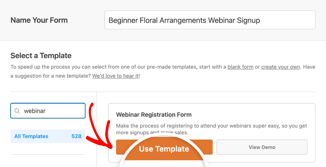 Selecting the Webinar Registration Form template