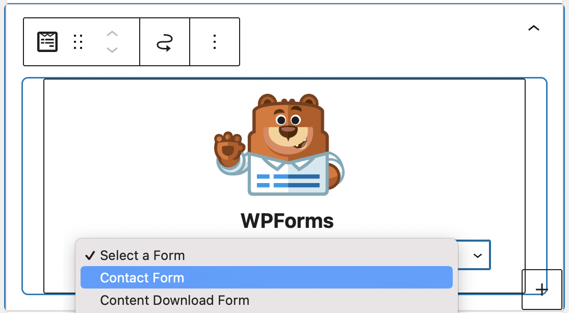 Selecting your contact form in the WPForms block