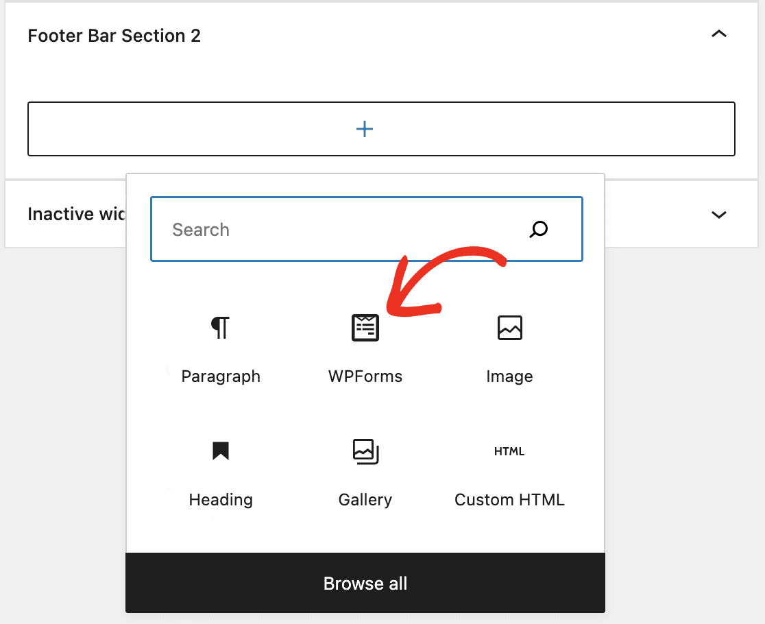 Choosing the WPForms block in the widget editor