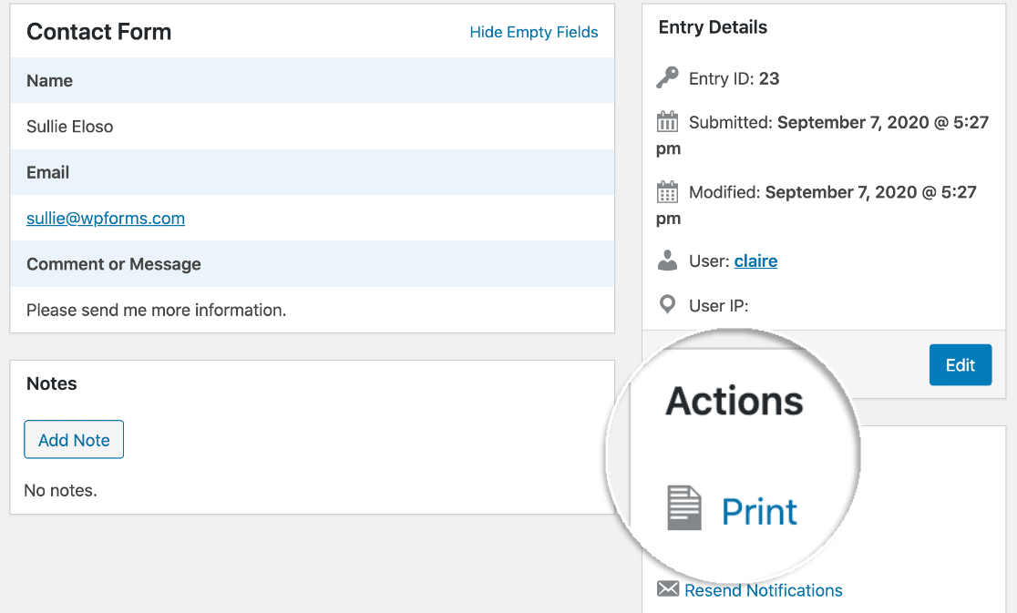 WPForms form entry print icon