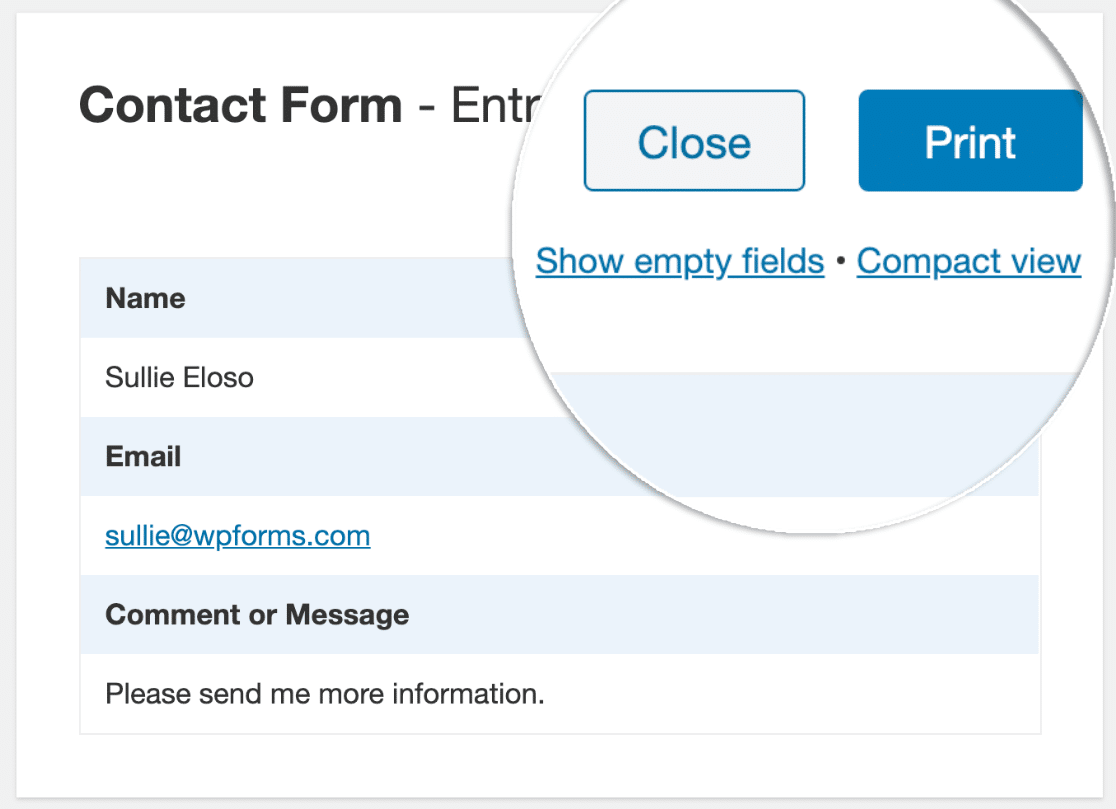 Print preview of WordPress form entry