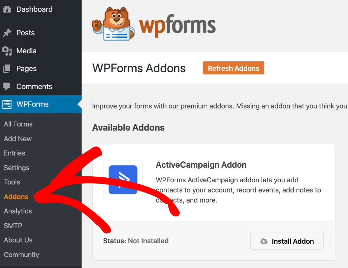 WPForms addons menu