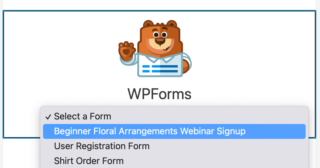 Selecting your webinar registration form from the WPForms block