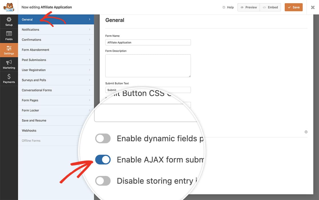 Under the Settings General tab, enable AJAX on the form to allow for the static instructions when switching from page to page