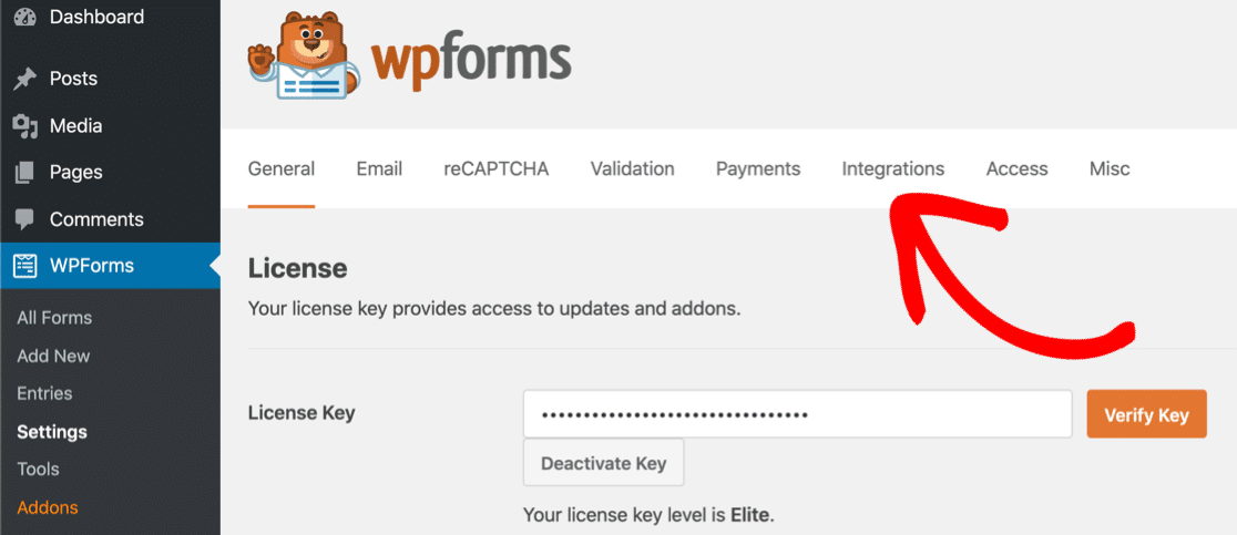 Integrations tab in the WPForms Settings screen