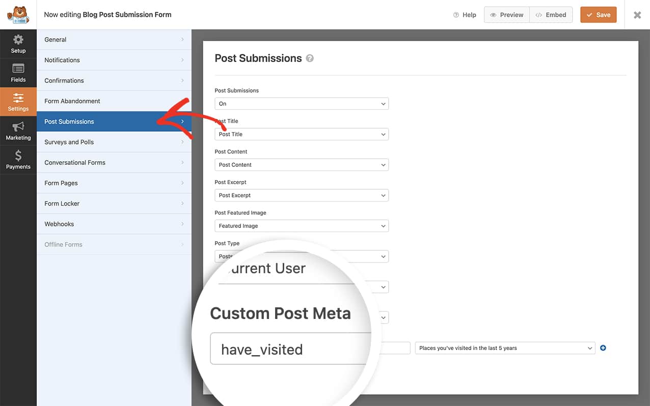 make sure to map any and all custom fields on the Post Submissions tab of your form builder
