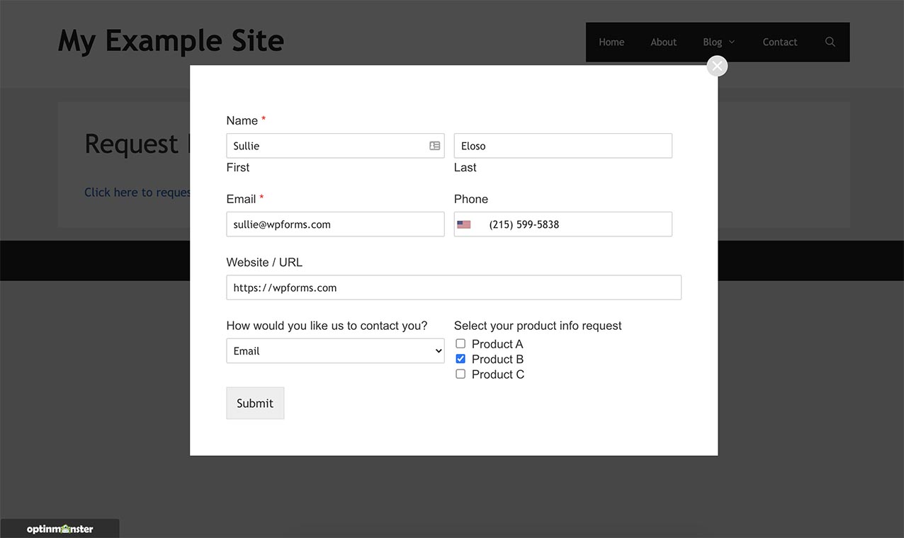 After we've styled the WPForms inside the OptinMonster popup, our form now looks as we intend it to.