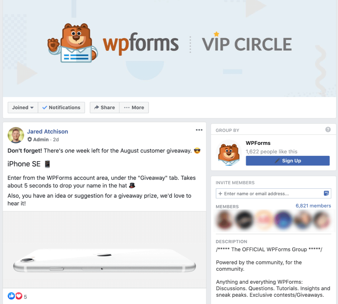 WPForms support Facebook VIP circle