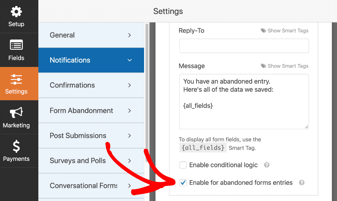 Set up a notification for an abandoned form