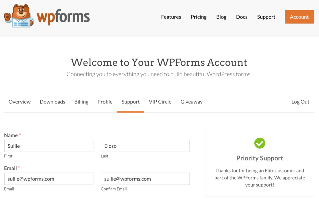 WPForms support ticket