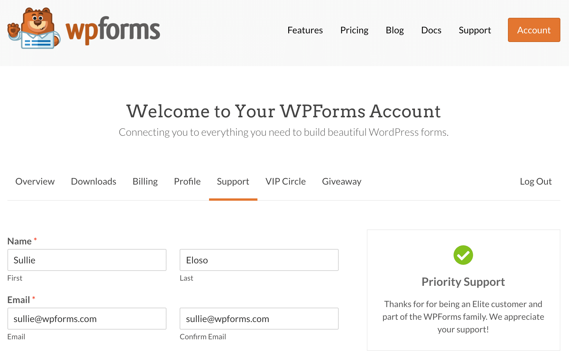 WPForms support ticket for paid licenses