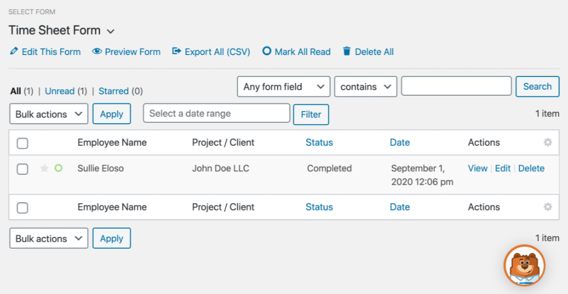 View form entry in WordPress dashboard