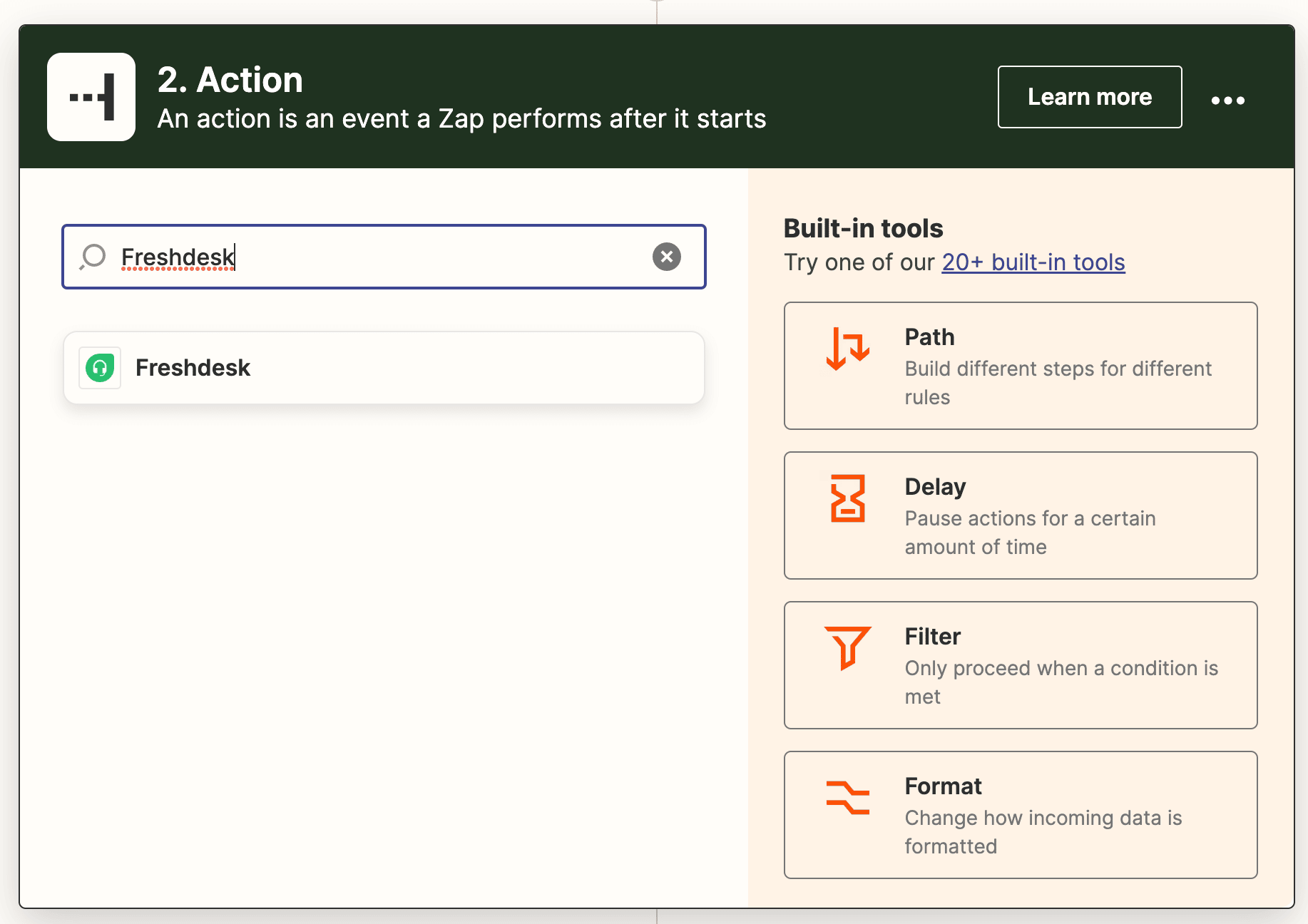 Selecting Freshdesk as your action app in Zapier