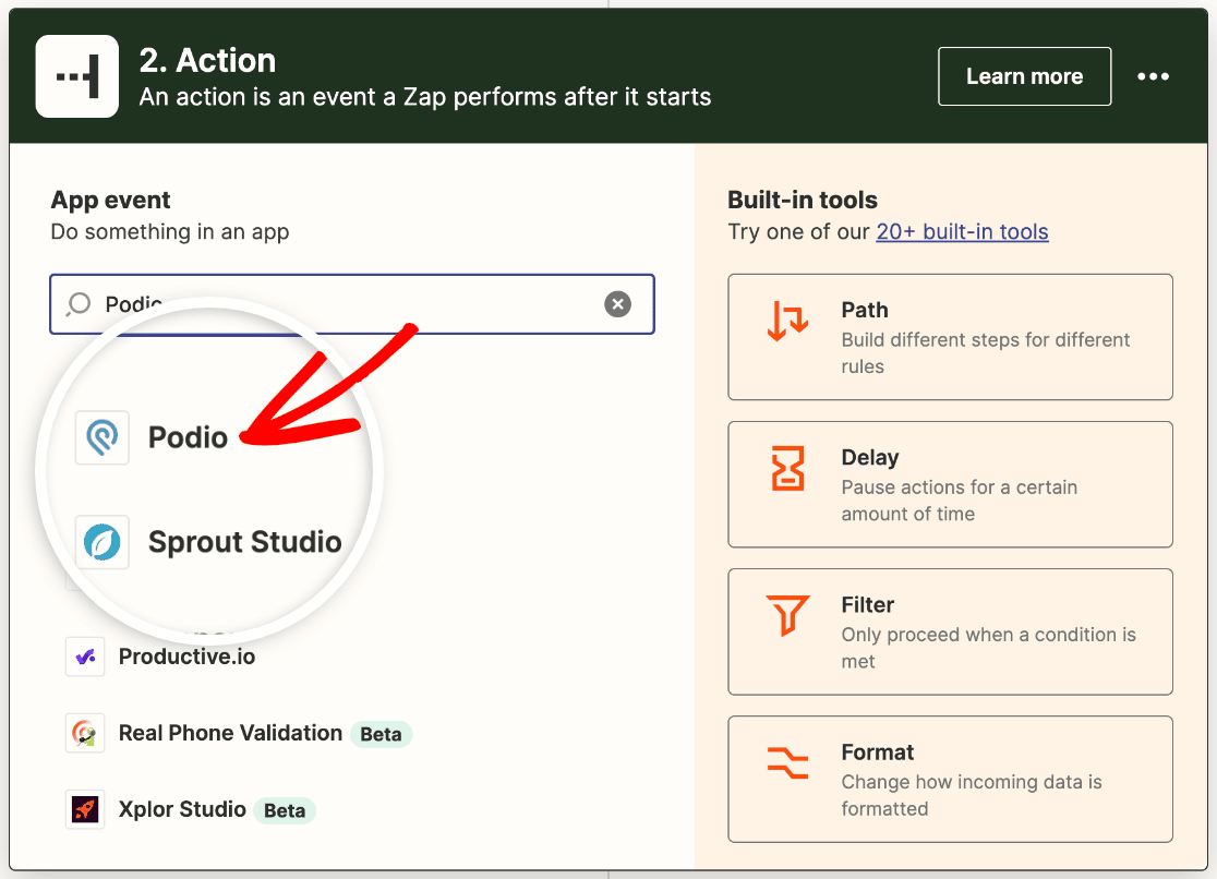 Selecting Podio as the action app in Zapier