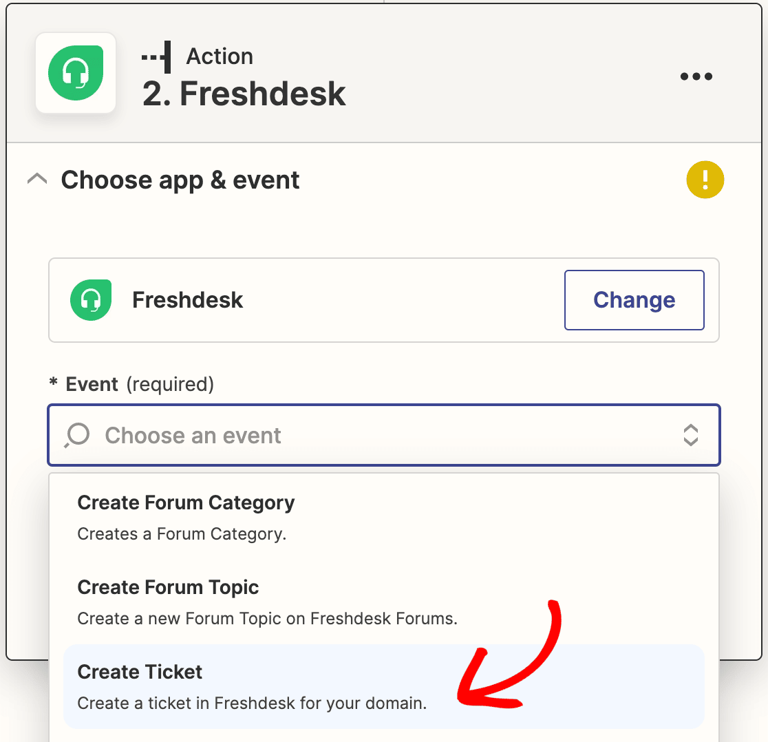 Selecting Create Ticket as your action event in Zapier