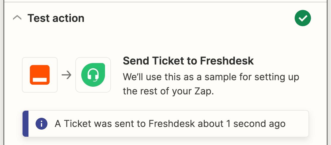 A success message for a Zapier Freshdesk action test