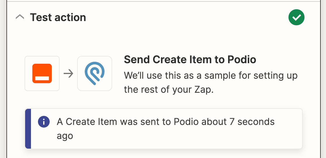 A success message for a Podio action test in Zapier