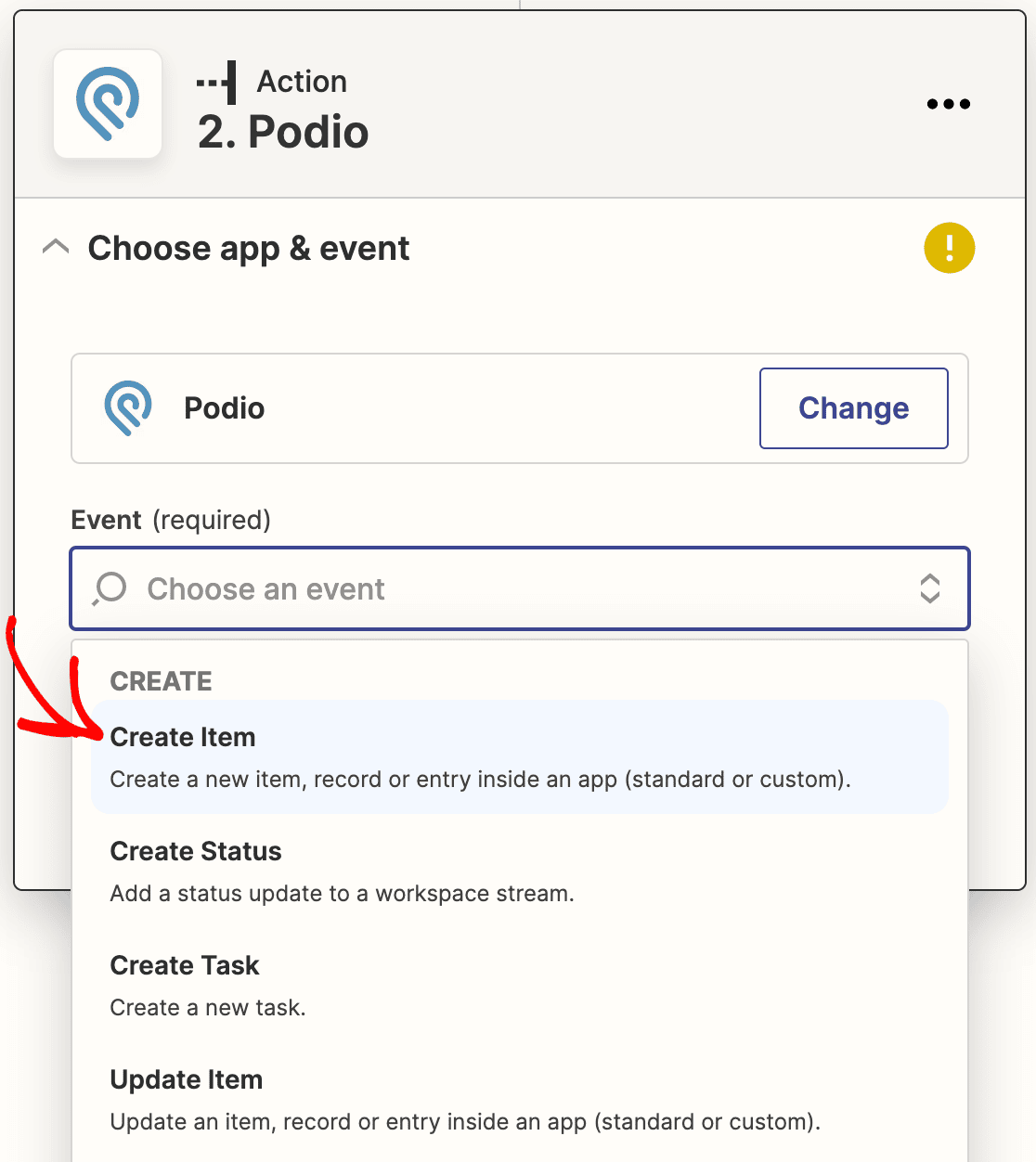 Choosing Create Item as the action event for Podio in Zapier