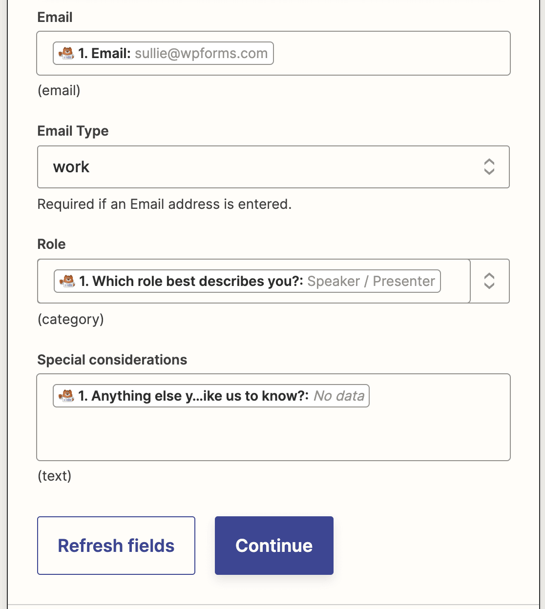 Mapping form fields from WPForms to Podio in Zapier