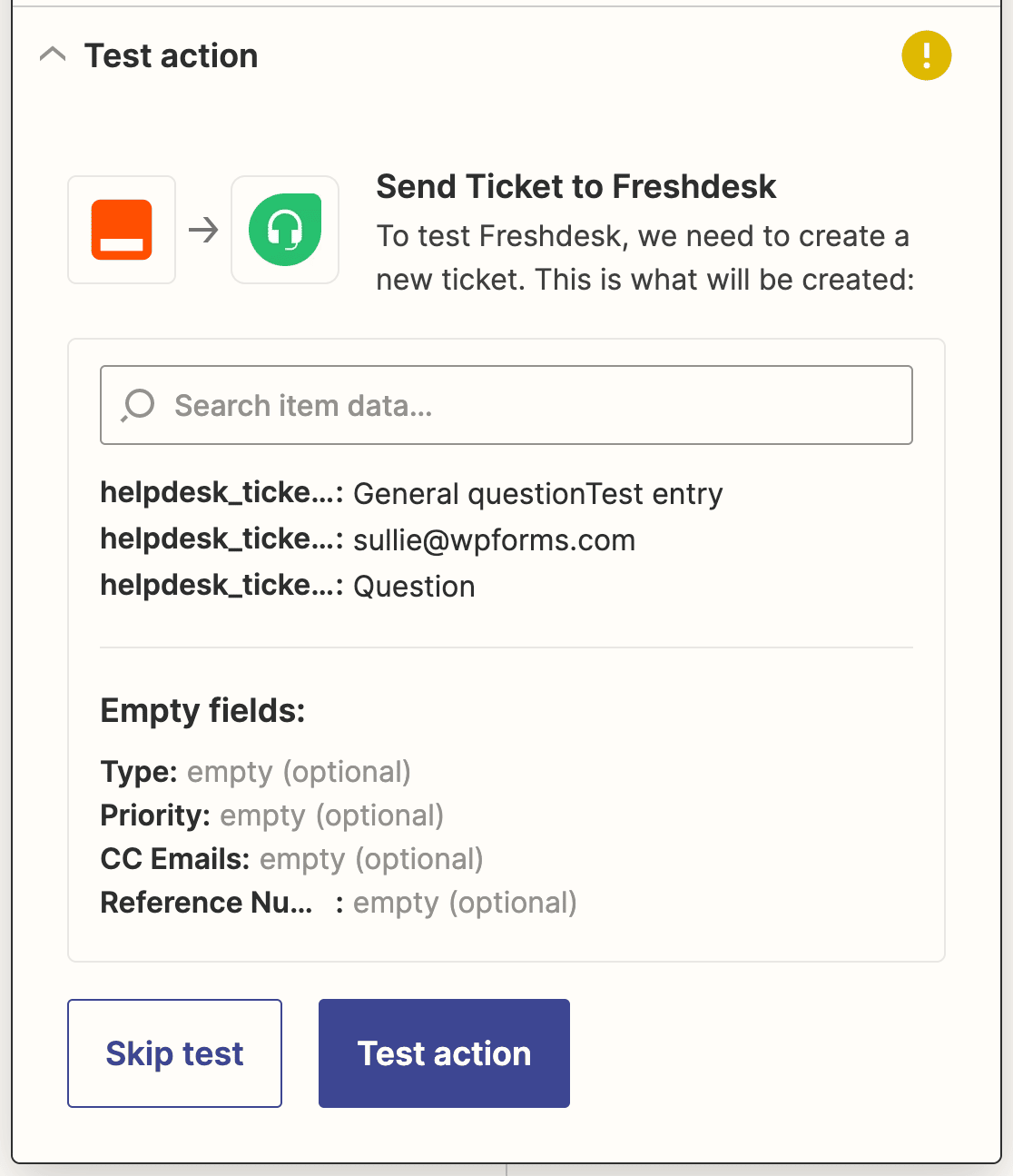 Testing your Freshdesk action in Zapier