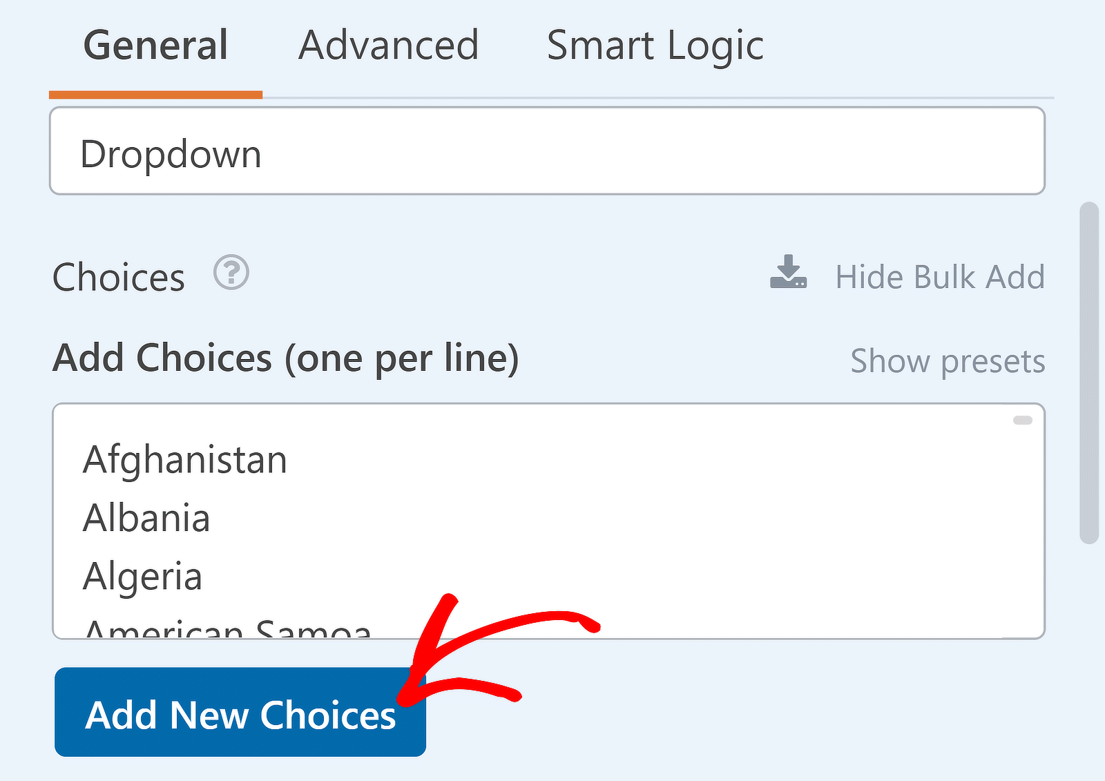 Add new choices