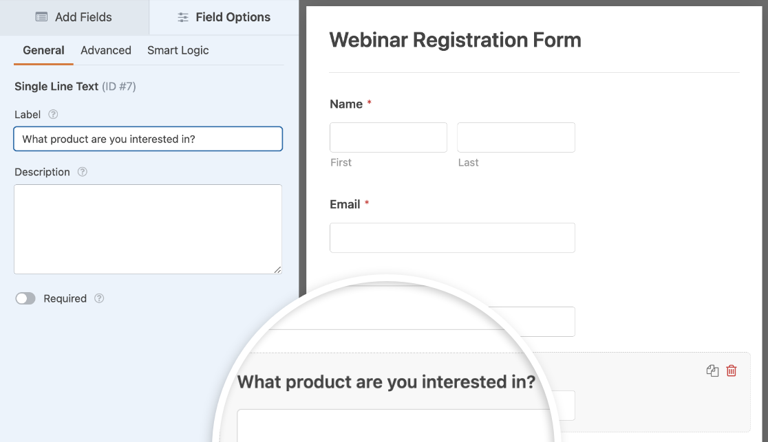Changing the label for a Single Line Text field in a webinar registration form