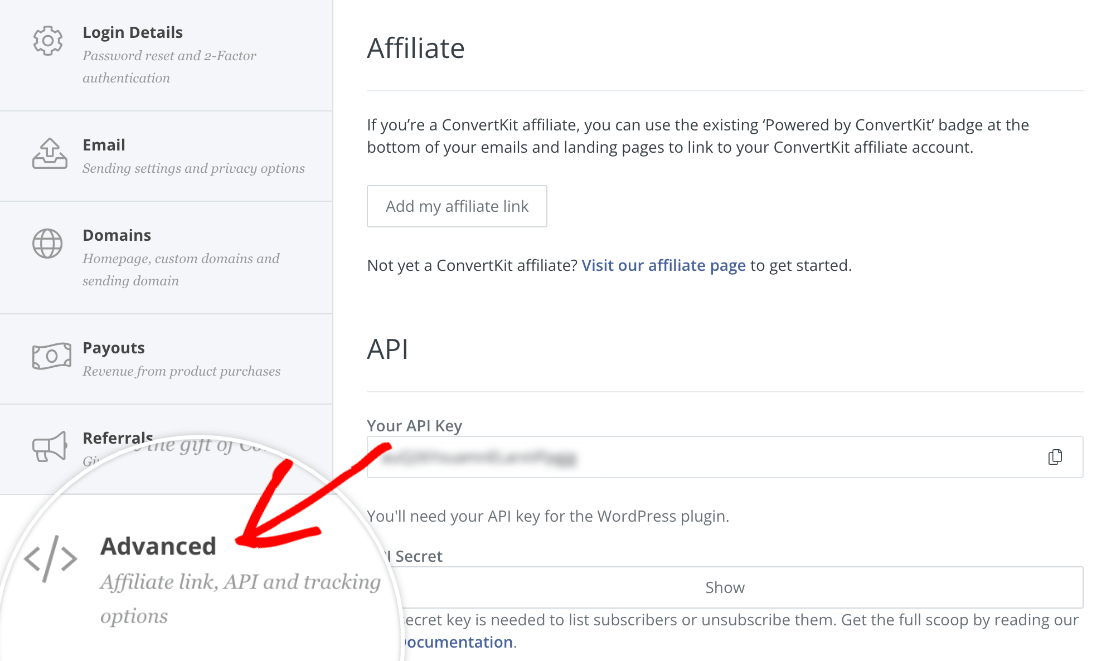 Accessing the ConvertKit advanced settings