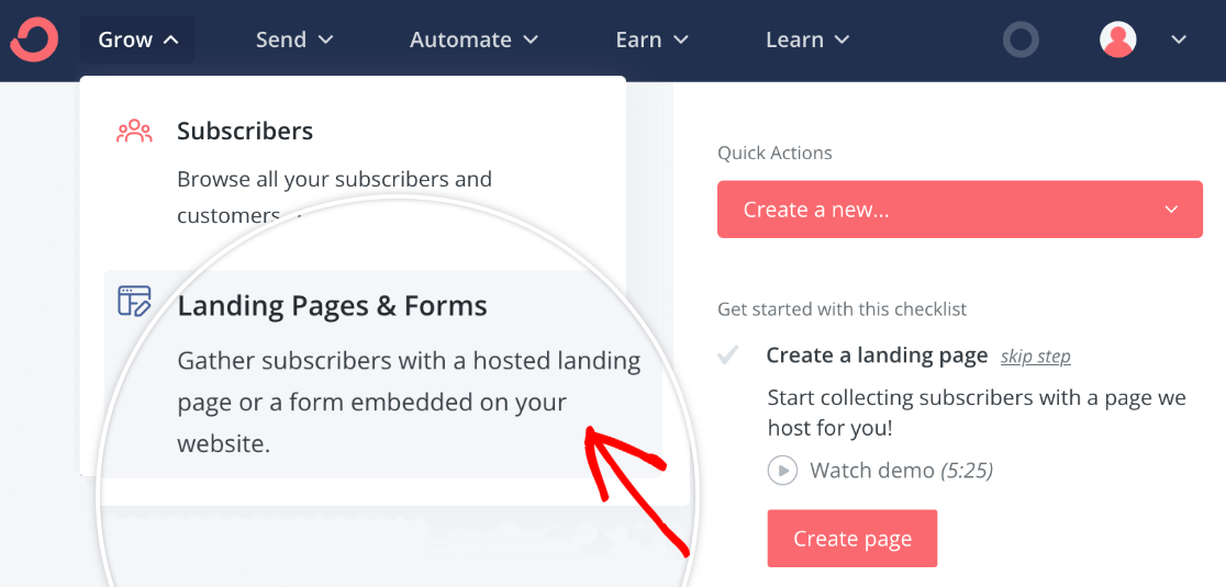 Opening the Landing Pages & Forms screen in your ConvertKit dashboard