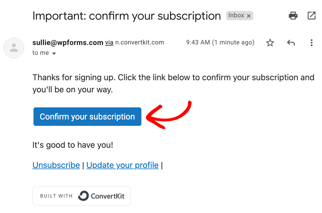 A ConvertKit subscriber confirmation email
