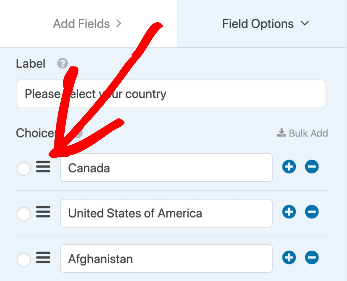 Drag entry in country dropdown list