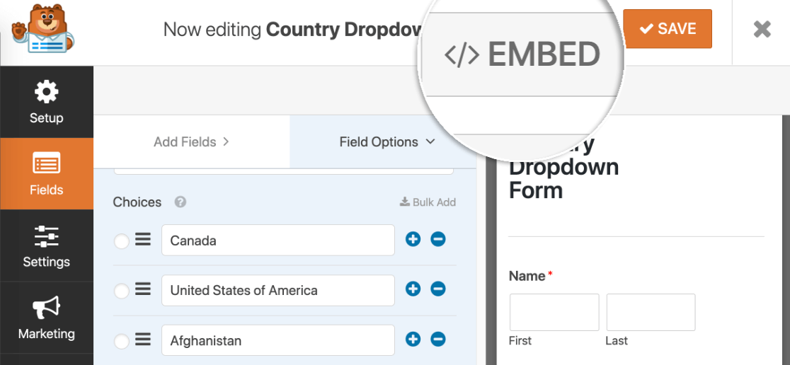 Embed your country dropdown list by clicking the button