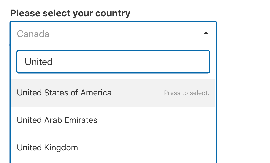 Search for a country in the dropdown list