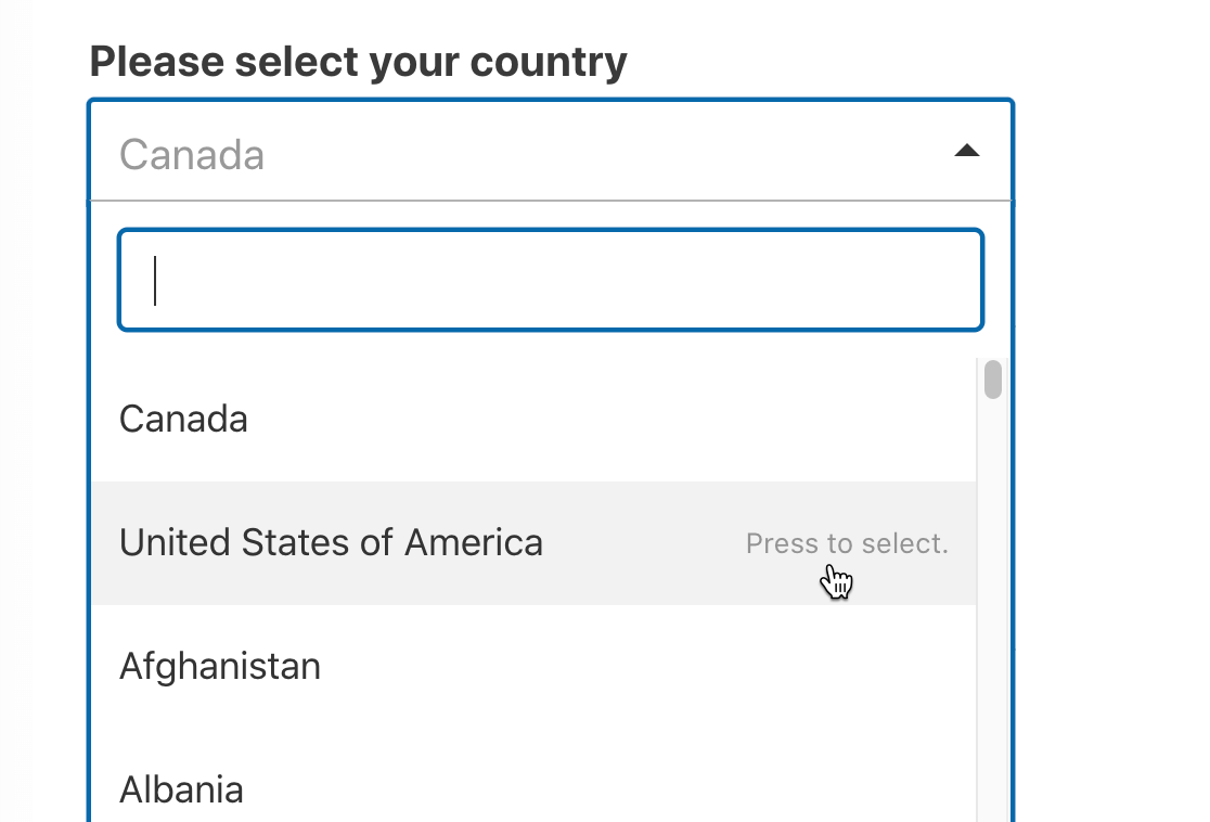 Select country from WordPress dropdown list