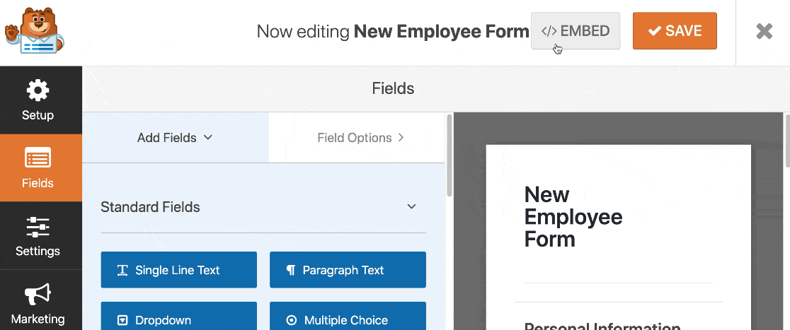 Embed form on a new page