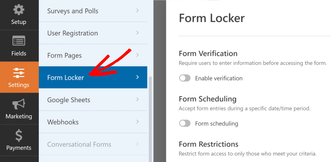 Form locker settings