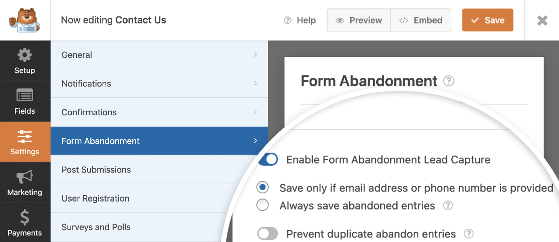 Form abandonment addon settings