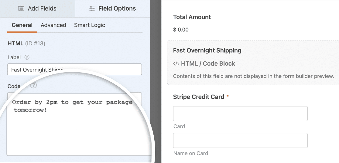 Using an HTML field to include delivery information in an order form