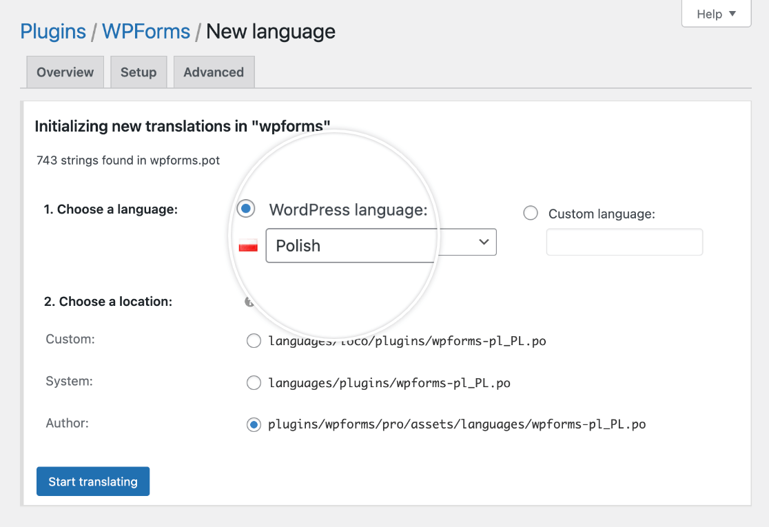 Selecting a WordPress supported language in Loco Translate