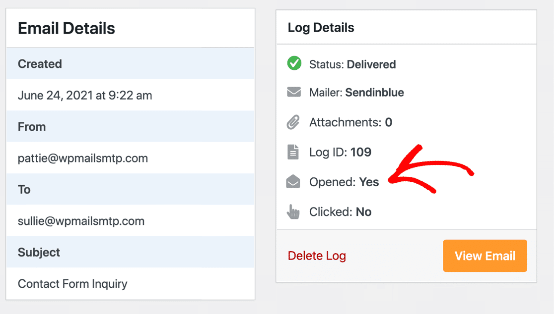 Link click tracking data for WordPress emails in the email log entry