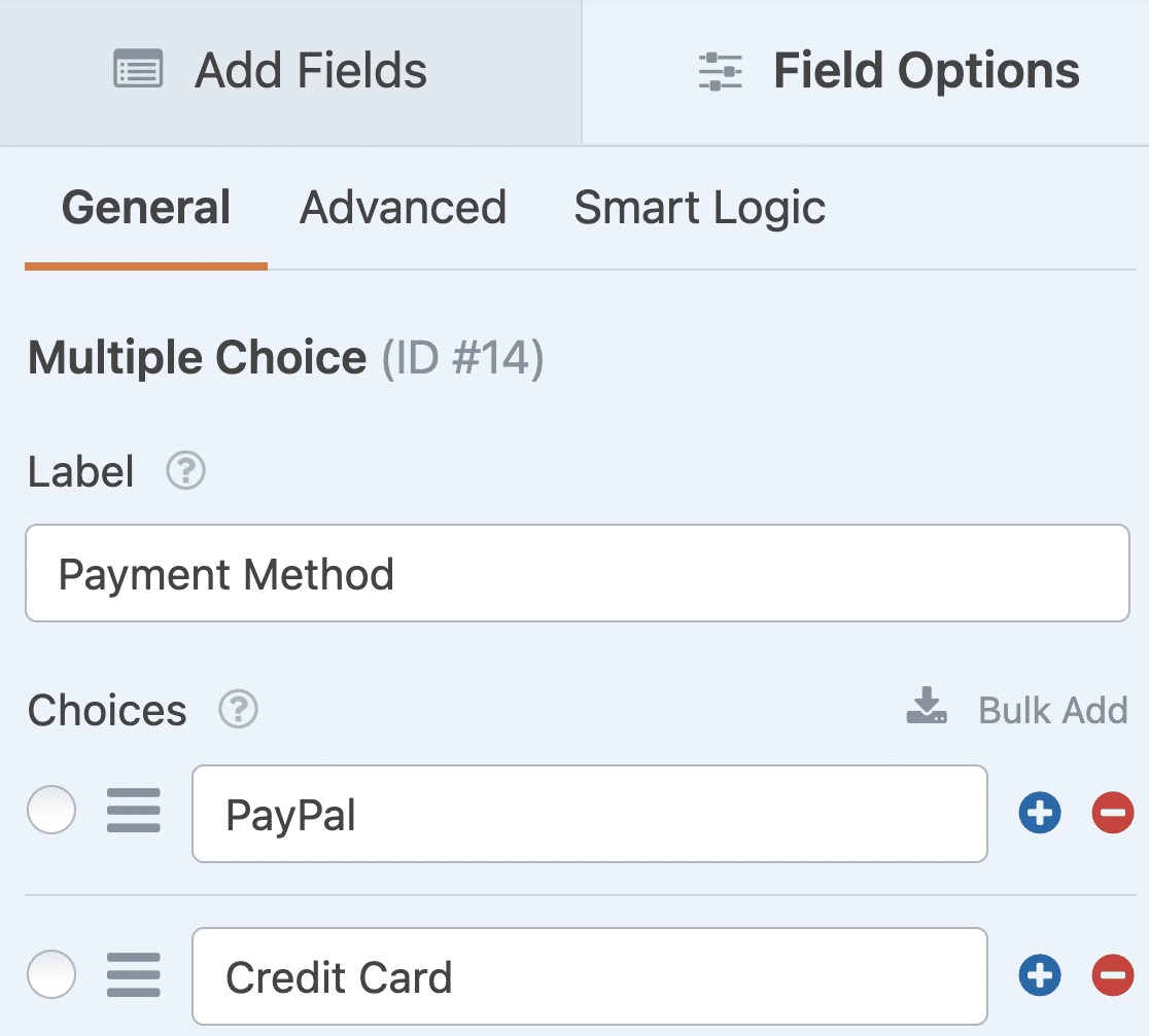 Creating a Multiple Choice field to let users choose a payment method