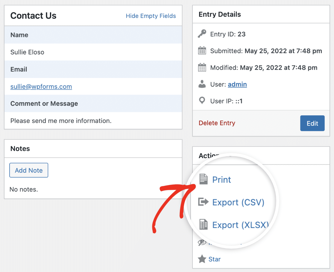 Printing an entry for a contact form