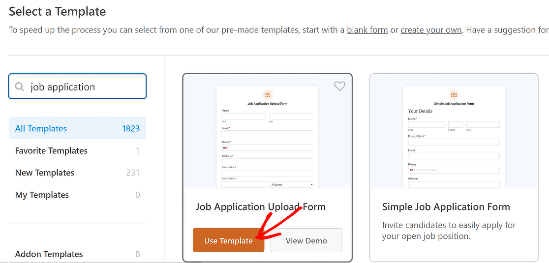 Select job application form template