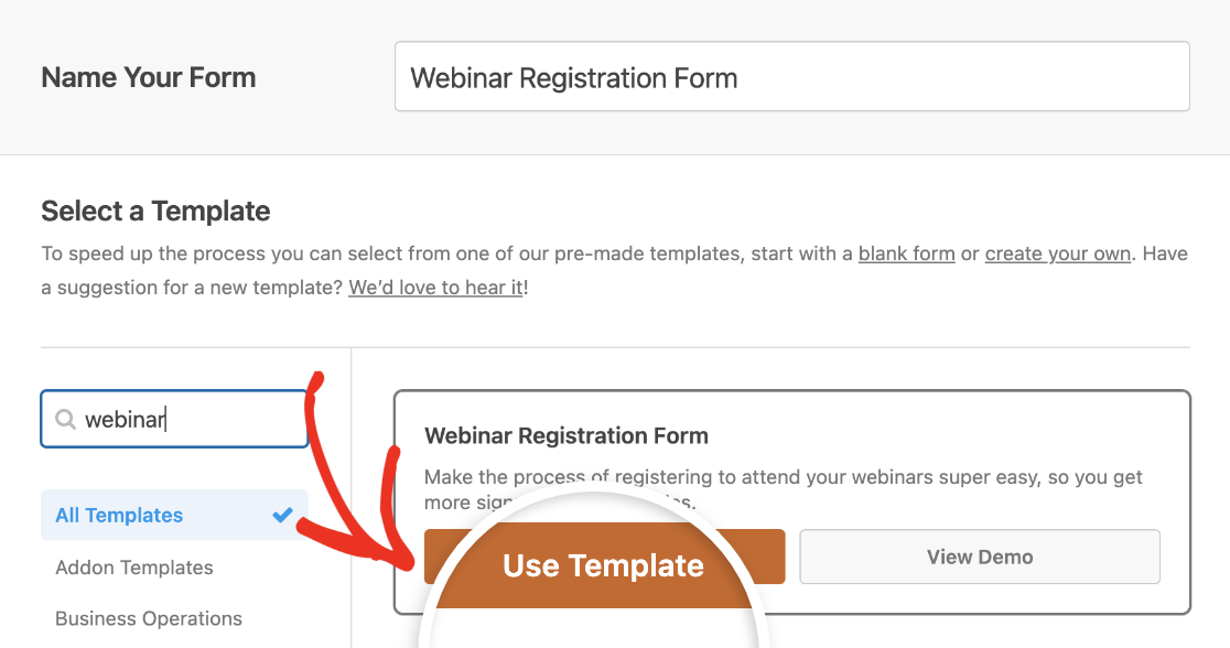 Selecting the Webinar Registration Form template