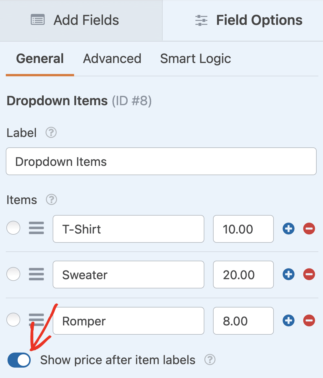 Showing prices for a Dropdown Items field