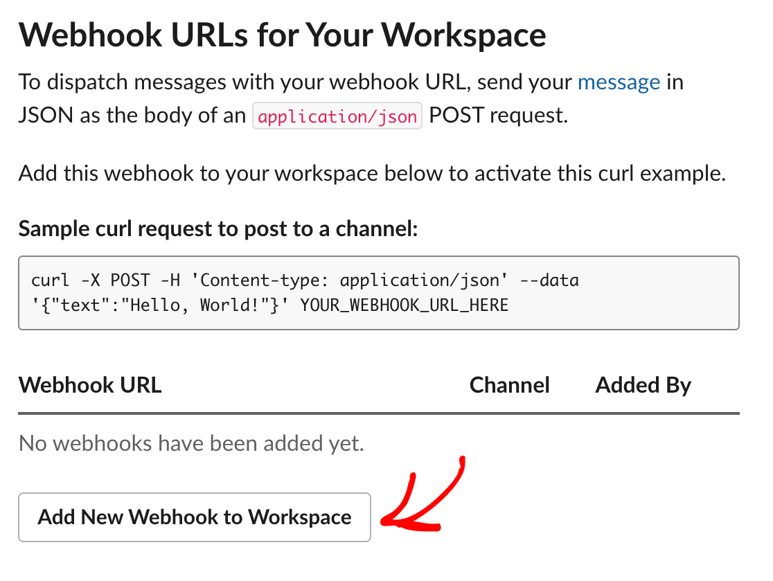 Adding a new webhook to a Slack workspace