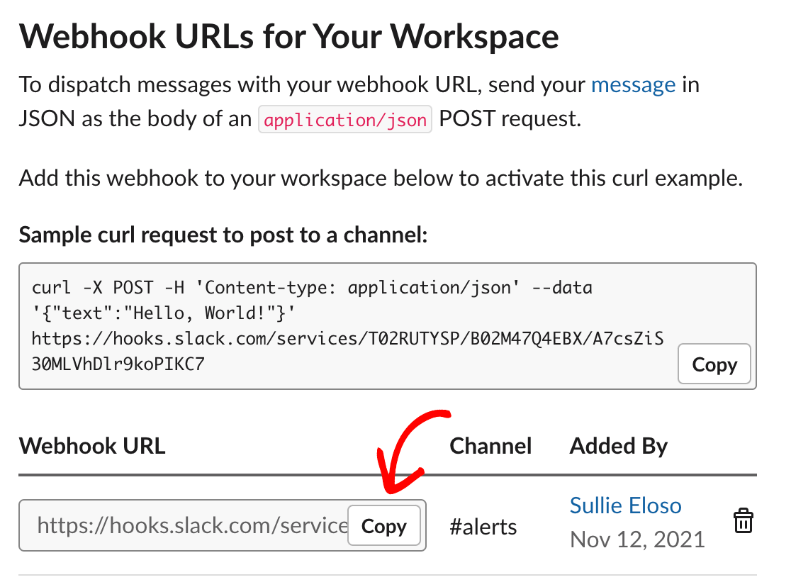 Copying the webhook URL in Slack