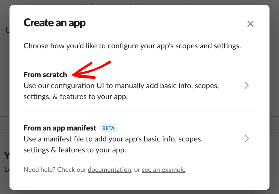 Selecting the From Scratch app option in Slack