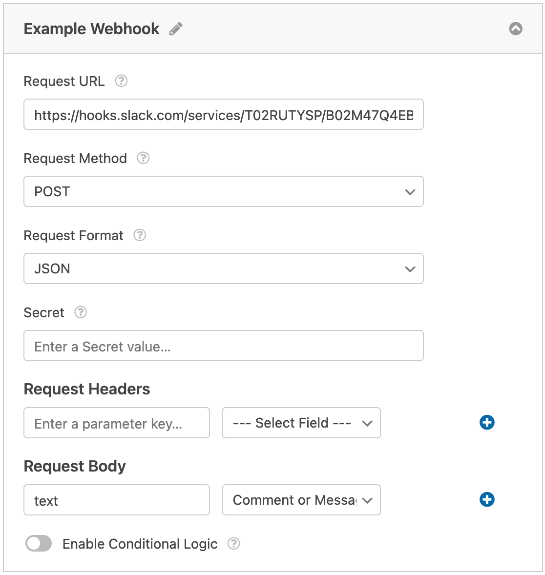 Example settings for a Slack webhook