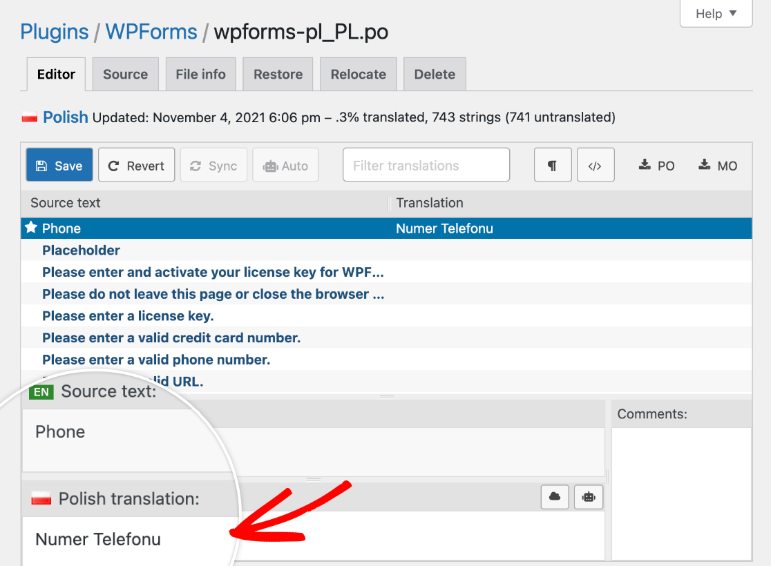 Adding a translation for WPForms in Loco Translate